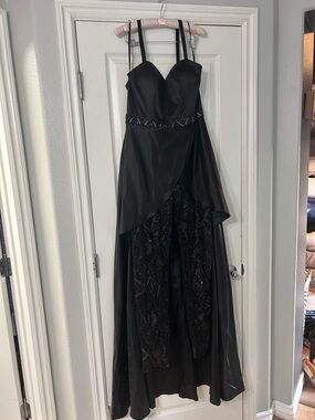 Black Embellished Strapless Evening pants suit with waist dress cape.